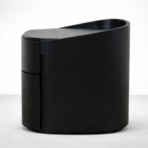 side view of black teakwood curved bedside table