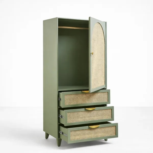 Sage green cane teak wood wardrobe by INTERIORZE