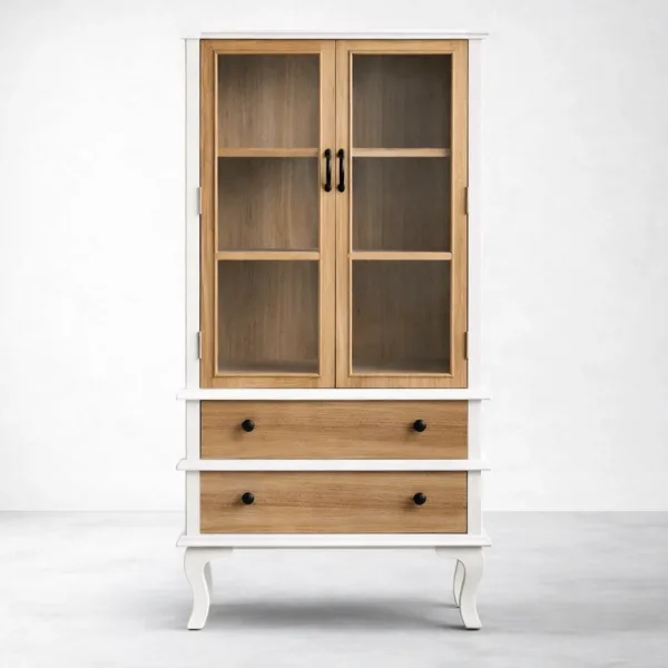 White and Ash Wood Glass Door Showcase Cabinet