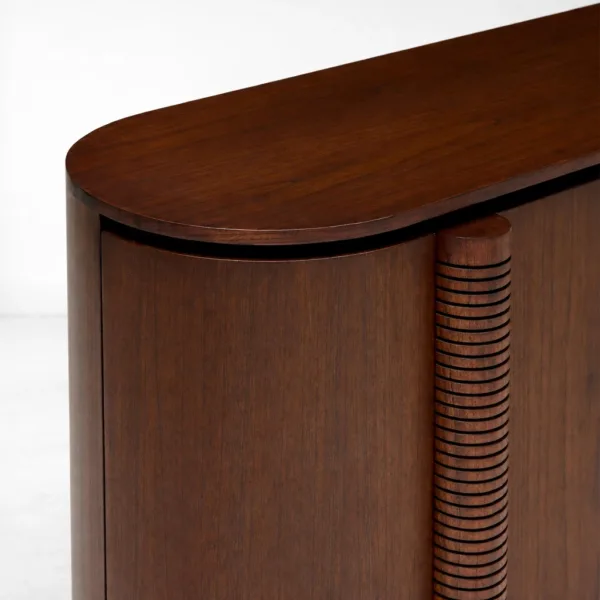INTERIORZE Solaro Ribbed Curve Teak Wood Sideboard front view with rounded ends and ribbed pillar detail