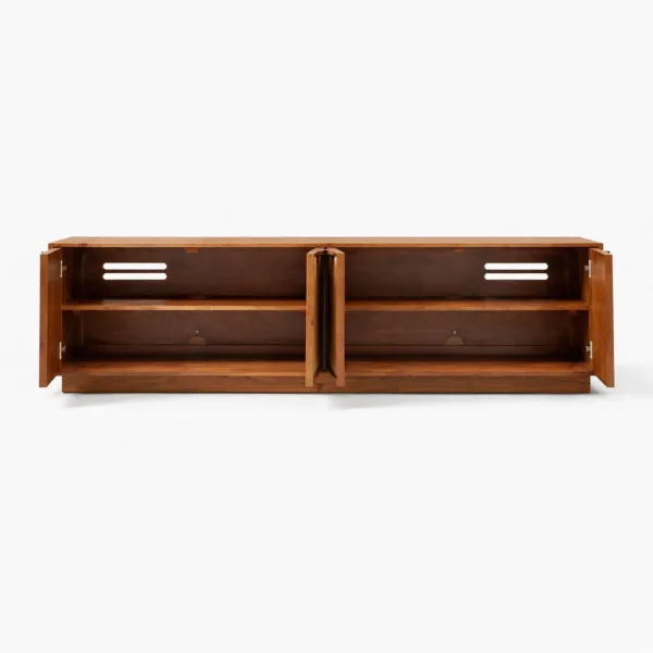Open view of the Woven Cane teak wood media console showing internal shelves and cable access