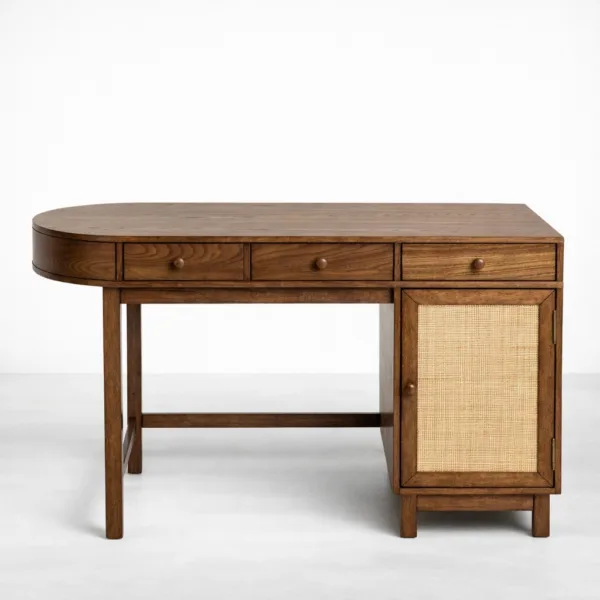 Teak wood study table with cane cabinet