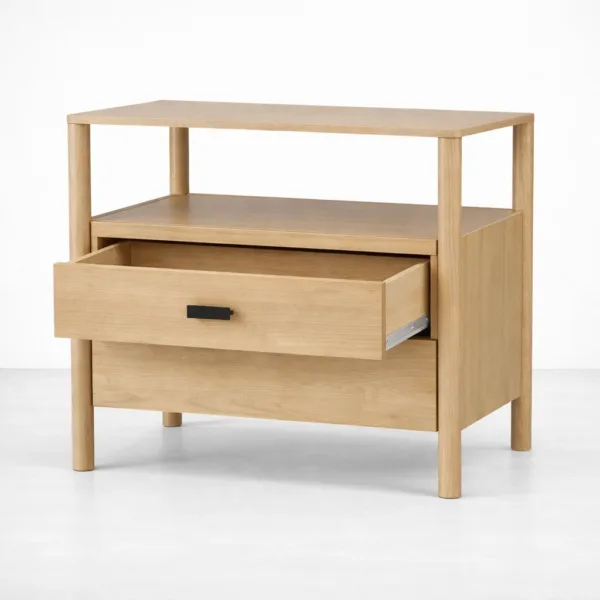 INTERIORZE Elowen ash wood bedside table with two drawers and open top shelf in natural finish