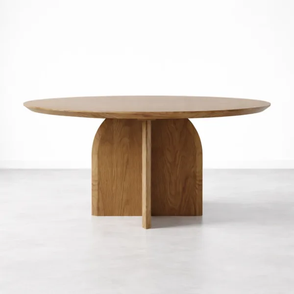 INTERIORZE Elara round solid wood dining table with sculptural pedestal base