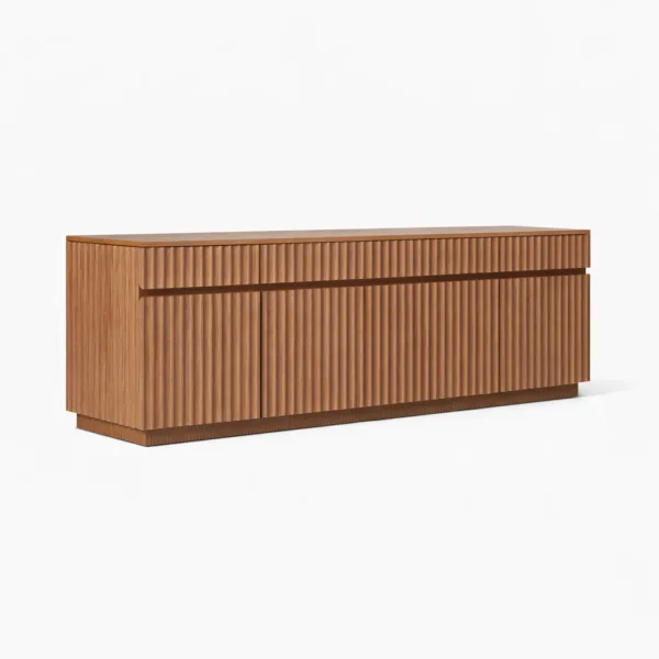 Ridge Line teak wood media console by INTERIORZE with fluted front panels and concealed storage
