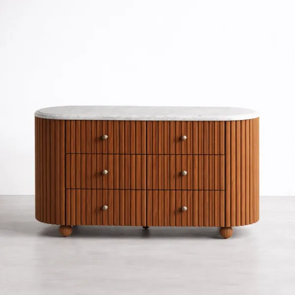 INTERIORZE teak wood chest of drawers with marble top and fluted drawer front in warm honey walnut finish