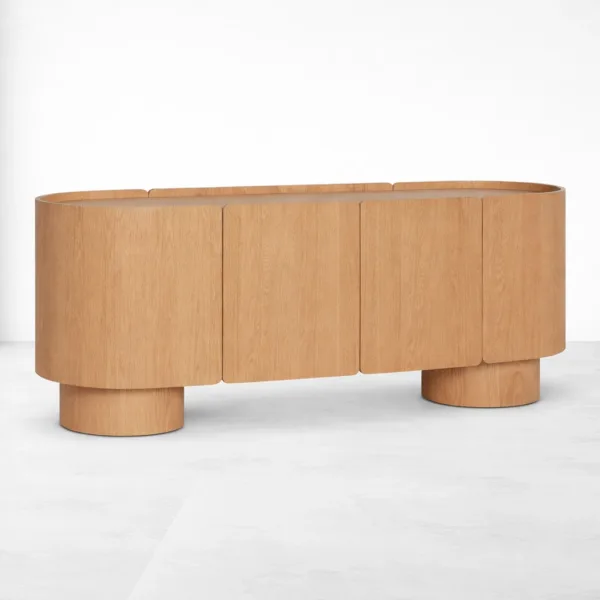 INTERIORZE Aurelle Curve Ash Wood Sideboard angled view in natural blonde ash finish