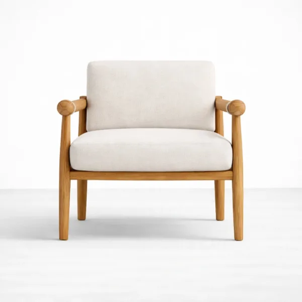 Teakwood lounge arm chair with off white upholstery and natural teak finish