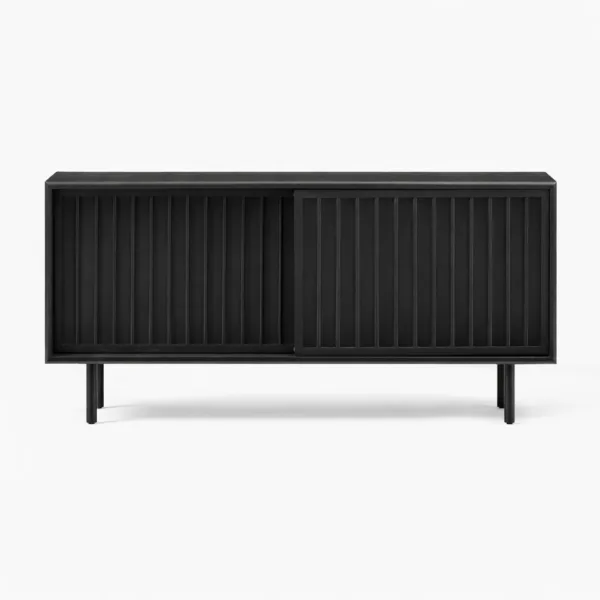 Front view of the Shadow Slat teak wood media console with sliding slatted doors by INTERIORZE