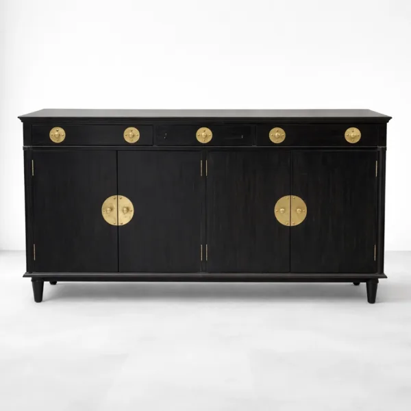 NTERIORZE Regent Brass Teak Wood Sideboard in black-brown finish with brass hardware