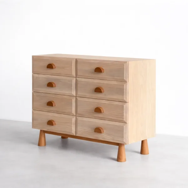 angled view of ash wood cane chest of drawers