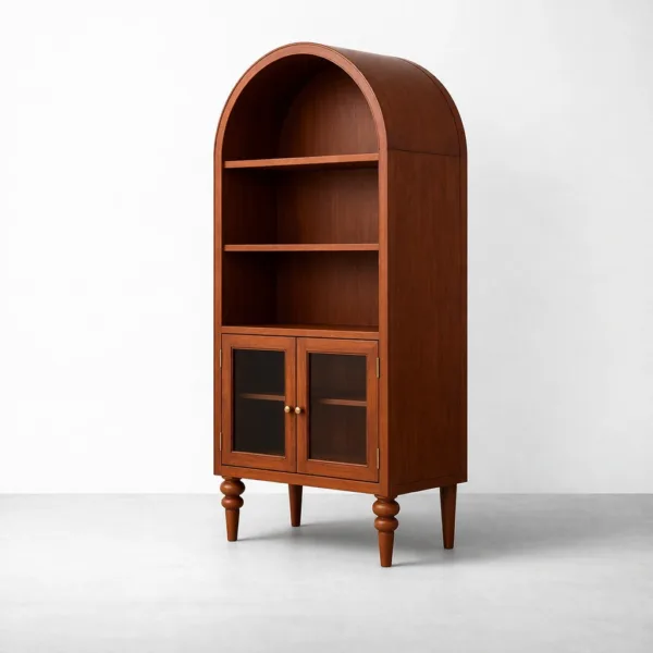Arched Glass Door Teak Wood Showcase Cabinet