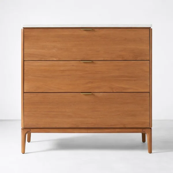 INTERIORZE teak wood chest of drawers with marble top and three drawers in warm walnut finish