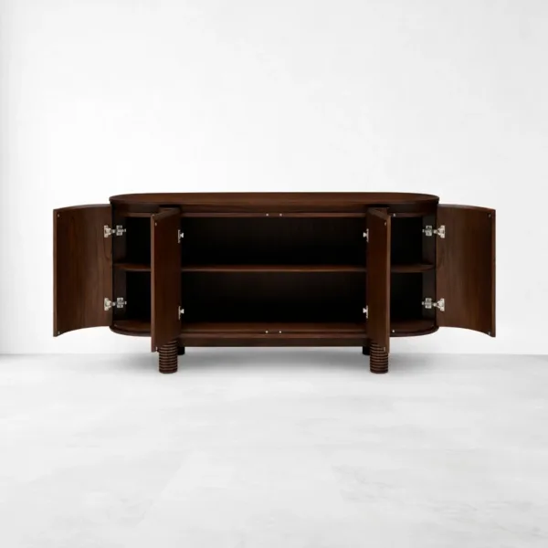 INTERIORZE Solaro Ribbed Curve Teak Wood Sideboard open storage view with internal shelving