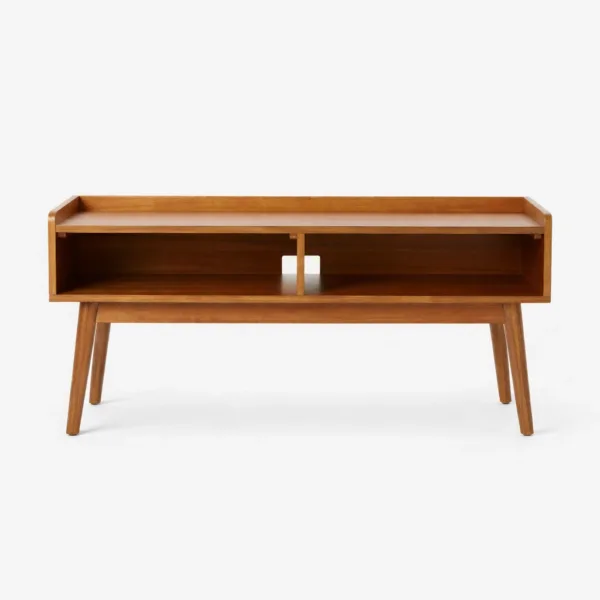 Front view of the Linear Tray teak wood TV console with open compartments by INTERIORZE