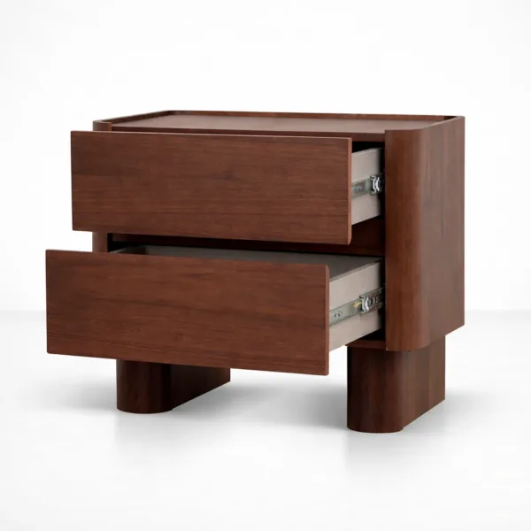 solid teakwood bedside table with two open drawers