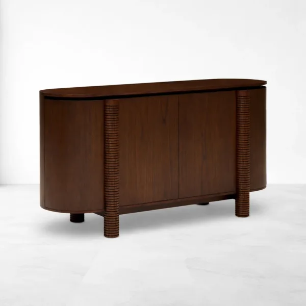 INTERIORZE Solaro Ribbed Curve Teak Wood Sideboard rounded edge and ribbed pillar detail