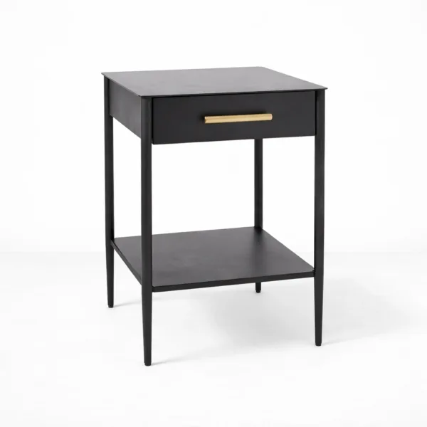 INTERIORZE black teakwood bedside table with drawer and open shelf front vie