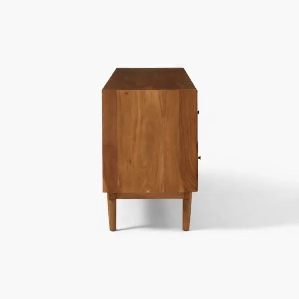 Side view of the Horizon Panel teak wood media console by INTERIORZE