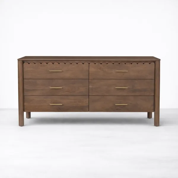 Scalloped Teak Wood 6 Drawer Dresser