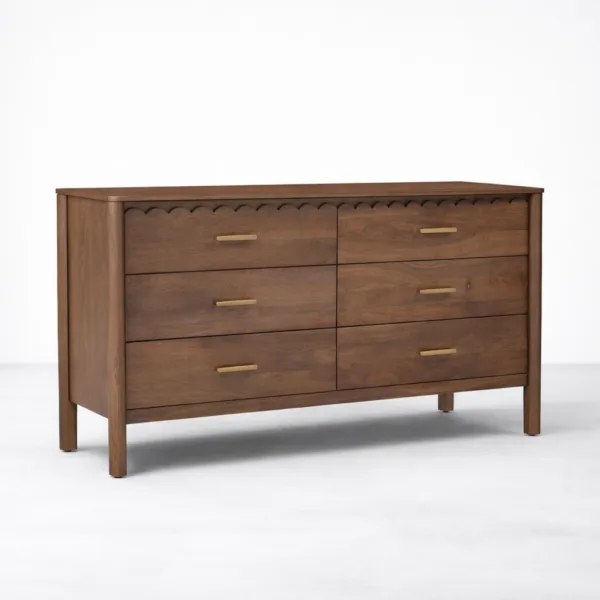 Scalloped Teak Wood 6 Drawer Dresser