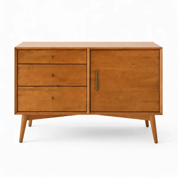 Front view of the Studio Drawer teak wood media console by INTERIORZE