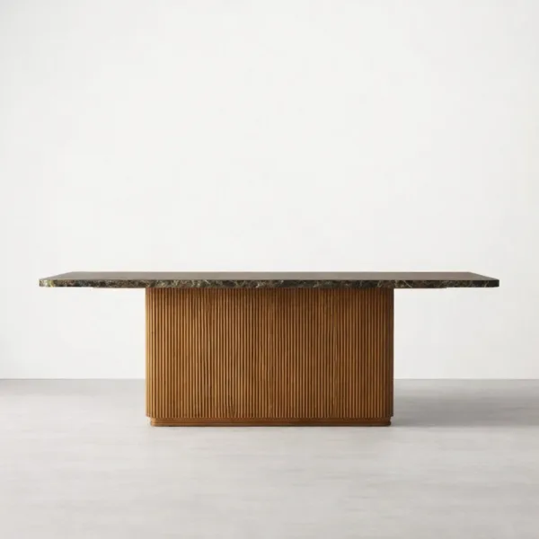 INTERIORZE Verona fluted teakwood marble dining table with dark marble top and pedestal base