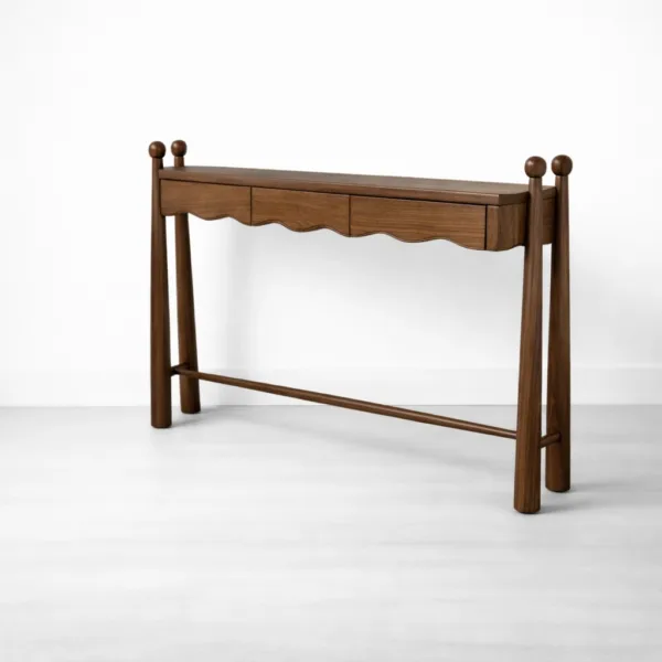 Teak wood study table with 3 drawers and scalloped front detail
