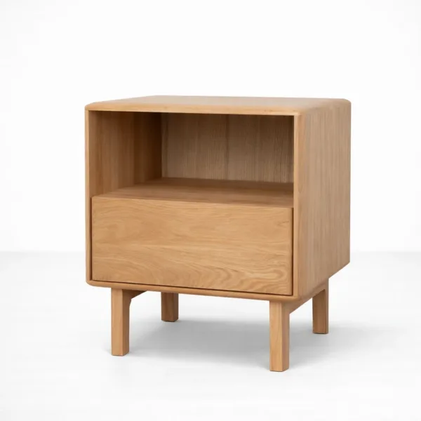 INTERIORZE ashwood bedside table with open shelf and drawer front view