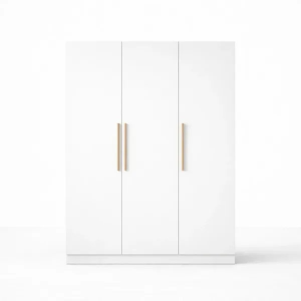 White 3 door wardrobe by INTERIORZE in teak wood frame