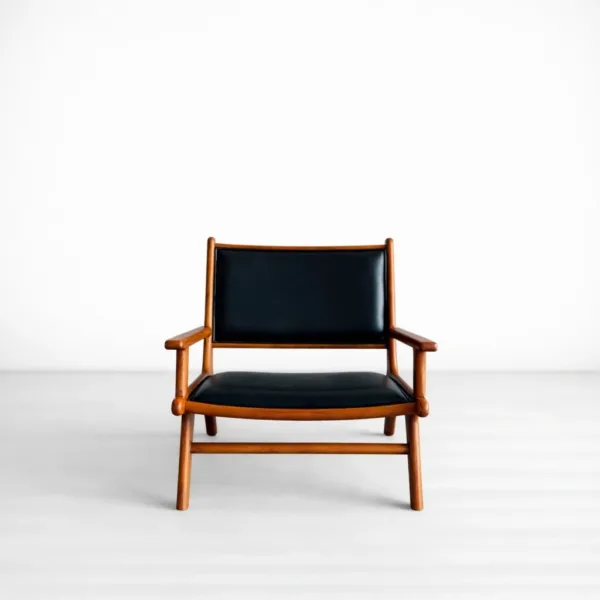 INTERIORZE Orion teakwood upholstered lounge arm chair with black seat and backrest in warm teak finish