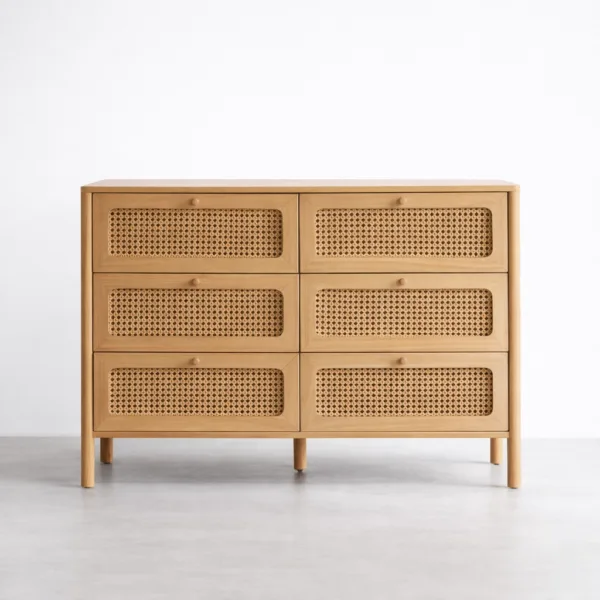 cane chest of drawers in ash wood with 6 drawers