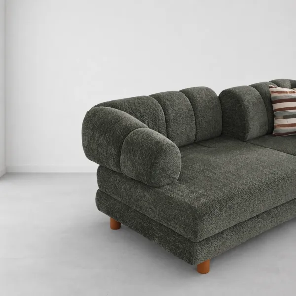 INTERIORZE dark green boucle sofa with rounded arms and wooden legs