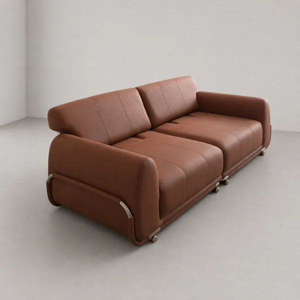 INTERIORZE cognac leatherette sofa with rounded arms and metal accent legs