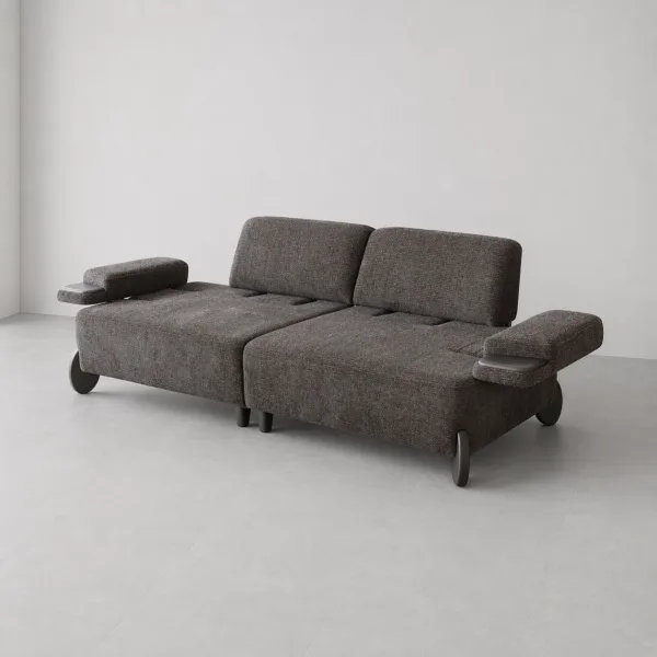 INTERIORZE dark textured fabric sofa with low armrests and designer side legs