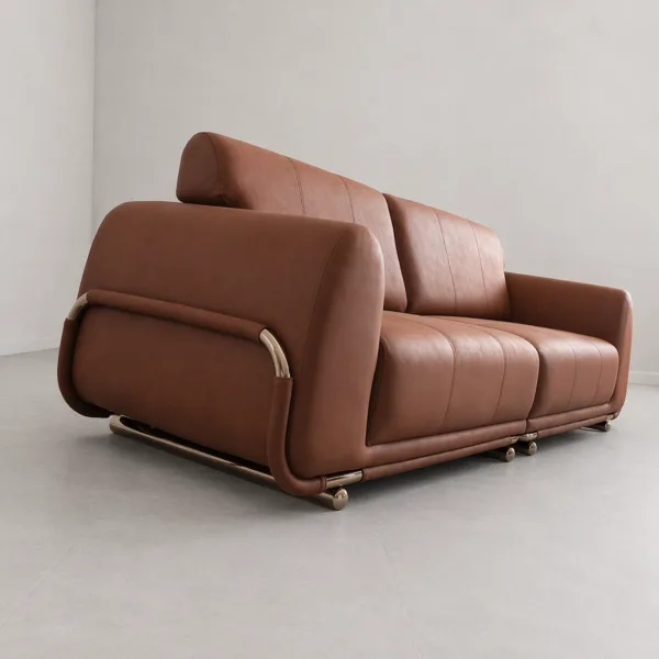 INTERIORZE cognac leatherette sofa with rounded arms and metal accent legs