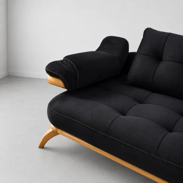 INTERIORZE black fabric sofa with wooden base and adjustable headrest