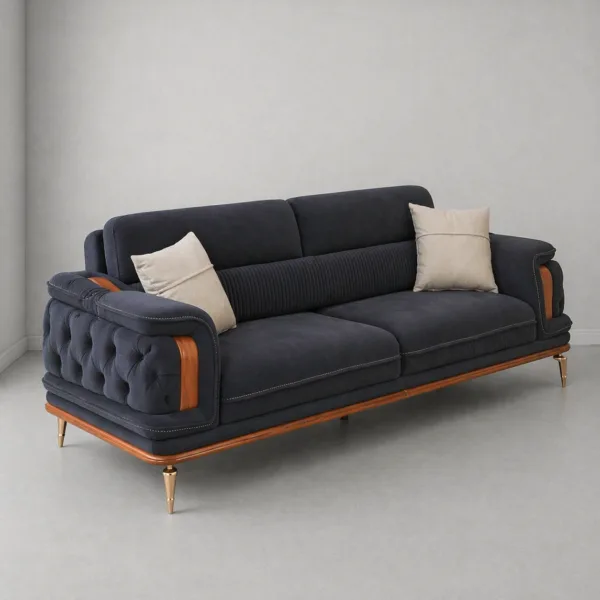 INTERIORZE navy blue sofa with tufted arms and wooden base