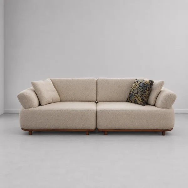 INTERIORZE cream boucle sofa with curved arms and wooden side panels