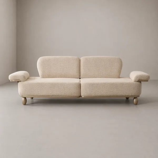 INTERIORZE beige boucle sofa with rounded arms and soft back cushions
