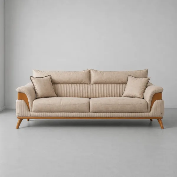 INTERIORZE beige fabric sofa with wooden arms and vertical tufting