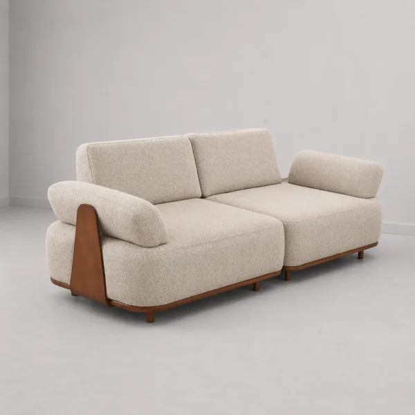 INTERIORZE cream boucle sofa with curved arms and wooden side panels