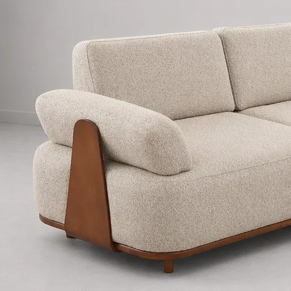 INTERIORZE cream boucle sofa with curved arms and wooden side panels