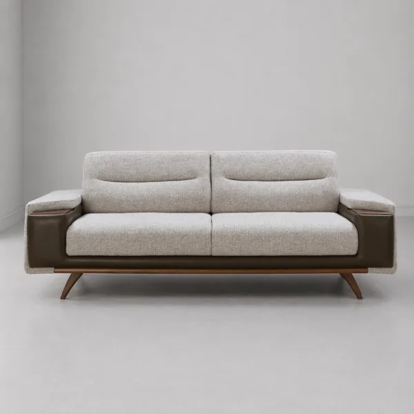 INTERIORZE cream grey fabric sofa with brown leather arms