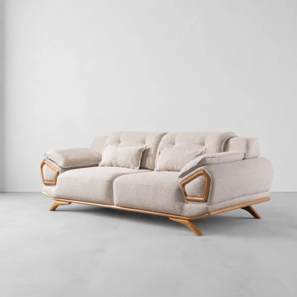 INTERIORZE cream boucle sofa with wooden pentagon side frame