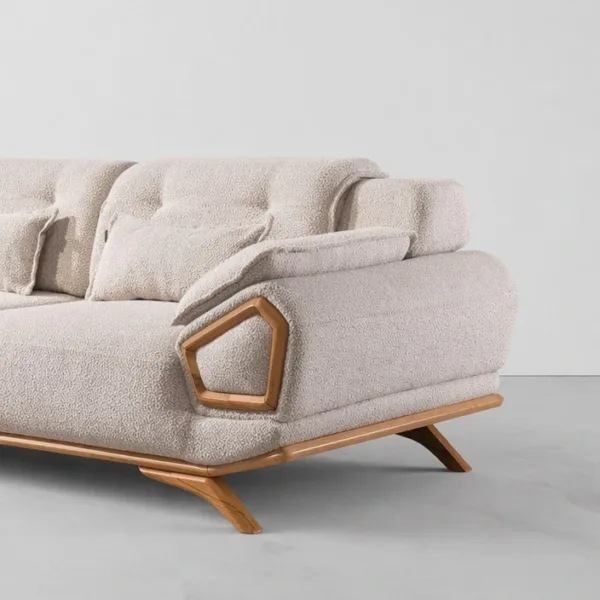 INTERIORZE cream boucle sofa with wooden pentagon side frame