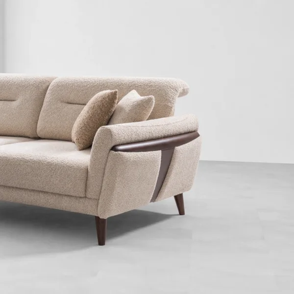 INTERIORZE cream boucle sofa with curved arms and wooden legs