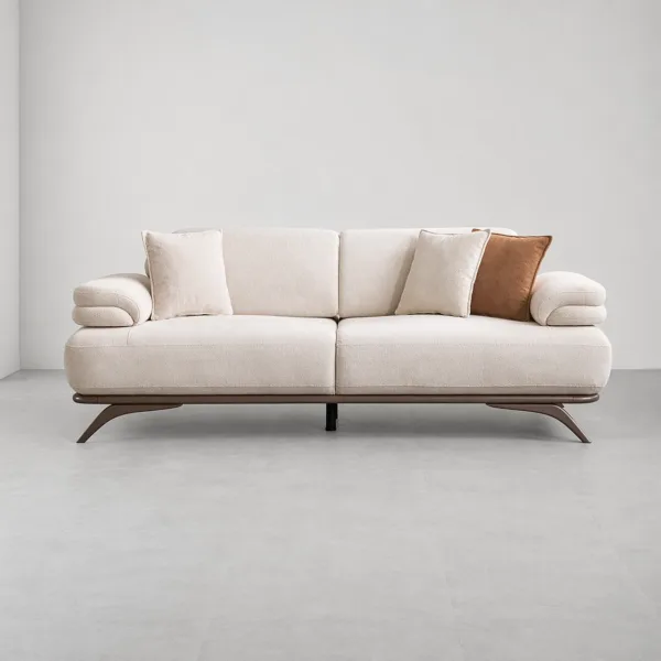 INTERIORZE cream boucle sofa with pillow armrests and brown metal legs