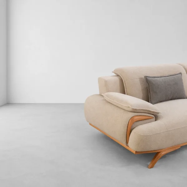 INTERIORZE cream fabric sofa with wooden base and pillow armrests