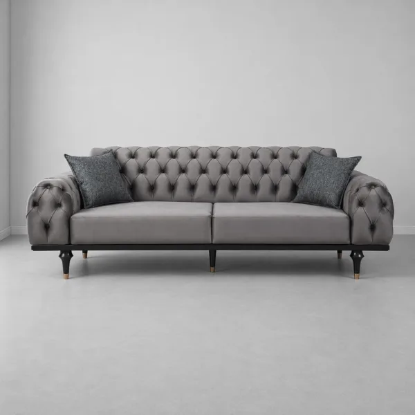 INTERIORZE grey velvet sofa with tufted back and arms